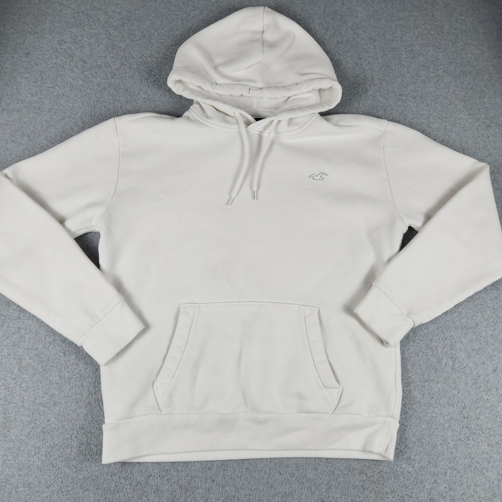 Hollister Hoodie Mens Medium White Kangaroo Pocket Fleece Lined Logo Pullover